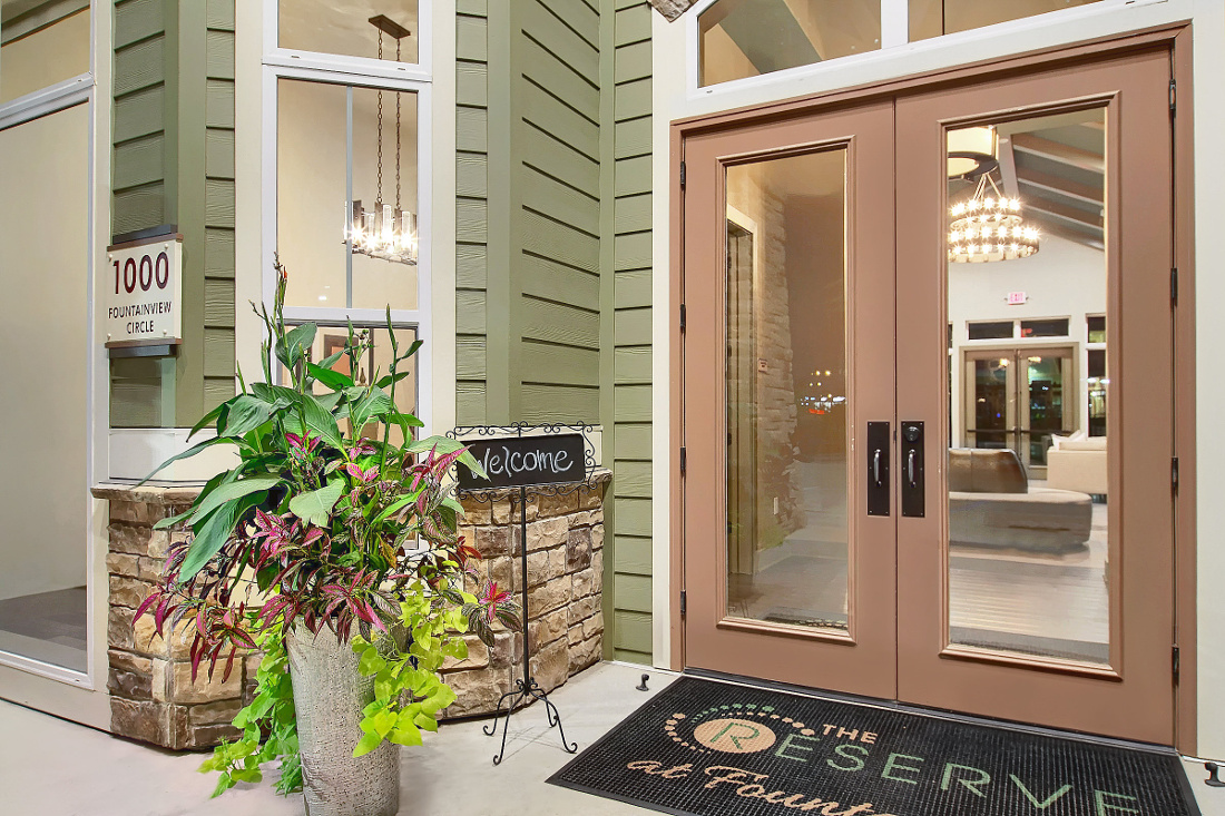 Entrance of Leasing Office at the Reserve at Fountainview Apartments in Saint Charles, MO