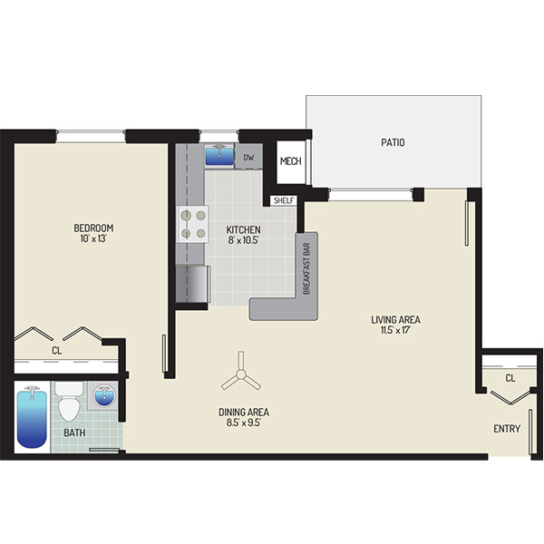 Gateway Square Apartments - Floorplan - 1 Bedroom + 1 Bath