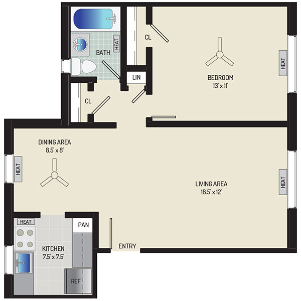 Goodacre & Pine Ridge Apartments - Floorplan - 1 Bedroom + 1 Bath