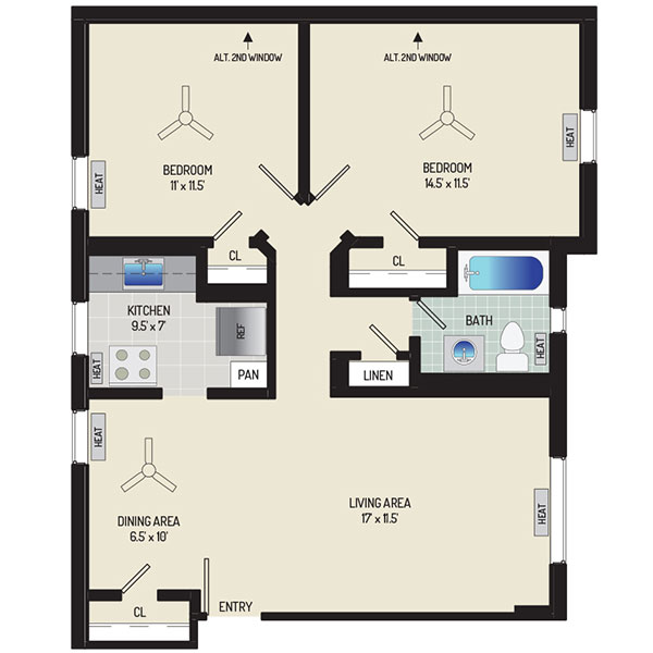 Goodacre & Pine Ridge Apartments - Floorplan - 2 Bedrooms + 1 Bath