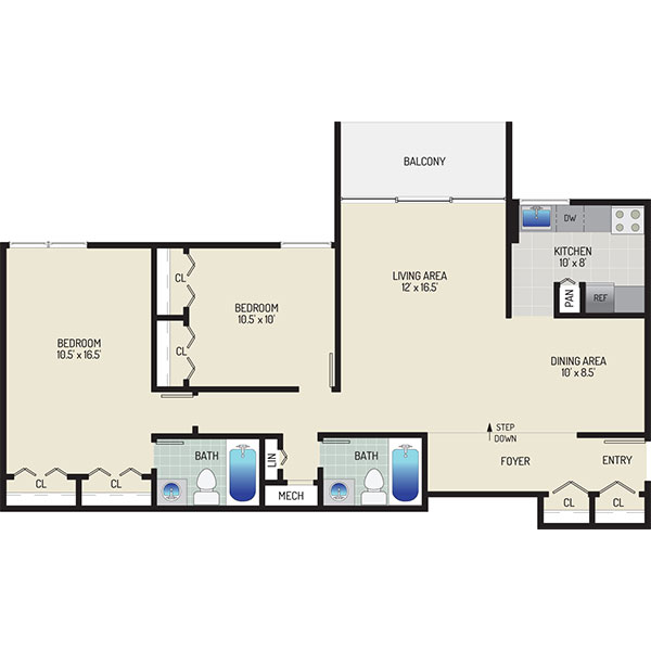Governor Square Apartments - Floorplan - 2 Bedrooms +  2 Baths