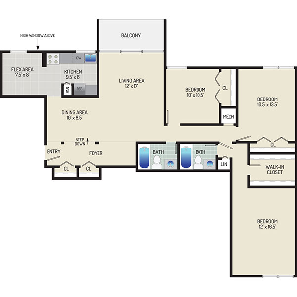Governor Square Apartments - Floorplan - 3 Bedrooms + 2 Baths