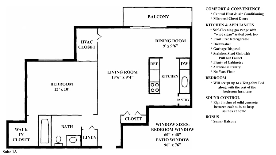 Floor plan layout for 1A (1 Bedroom 1 Bath)