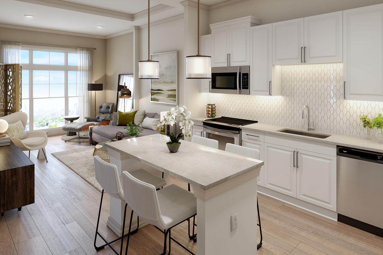 Kitchen w/ Quartz Countertops & Islands at The Heights at Exchange Apartments