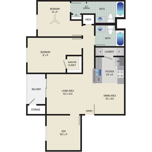 Harbour Gates Apartments - Floorplan - 2 Bedrooms + 2 Baths + Den