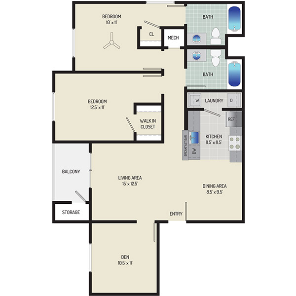 Harbour Gates Apartments - Floorplan - 2 Bedrooms + 2 Baths + Den