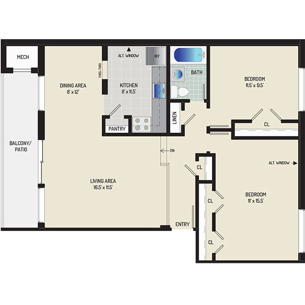 Heritage Square Apartments - Floorplan - 2 Bedrooms + 1 Bath