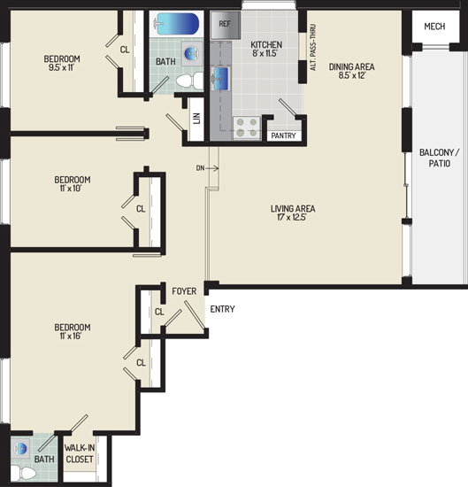 Heritage Square Apartments - Floorplan - 3 Bedrooms + 1.5 Baths