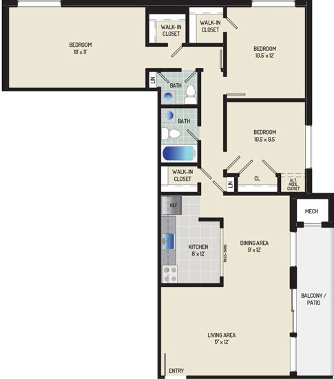 Heritage Square Apartments - Floorplan - 3 Bedrooms + 1.5 Baths