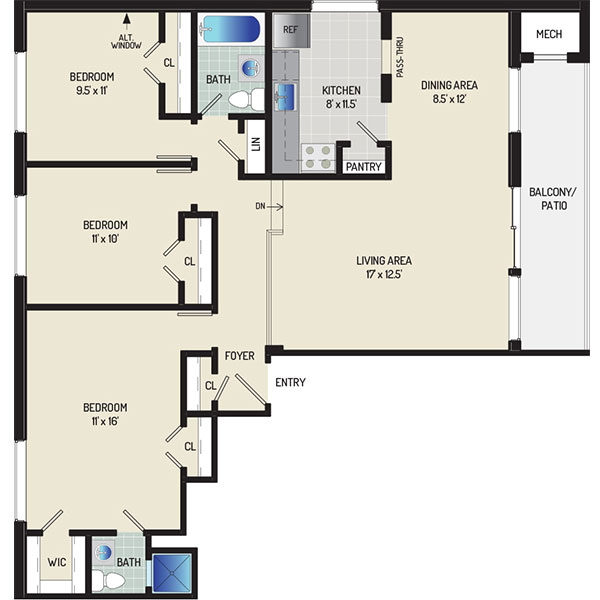 Heritage Square Apartments - Floorplan - 3 Bedrooms + 2 Baths