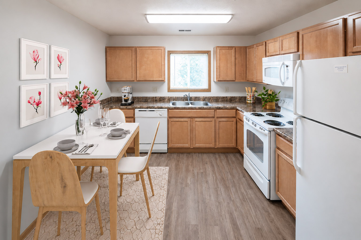 Highland Meadows Apartments in Bellevue, NE Fully Equipped Corner Kitchen with Seamless Dining Area 