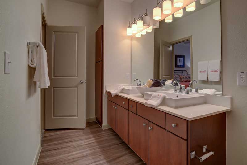 Bathroom with Double Vanity at Hilltop at Shavano Apartments in San Antonio, TX