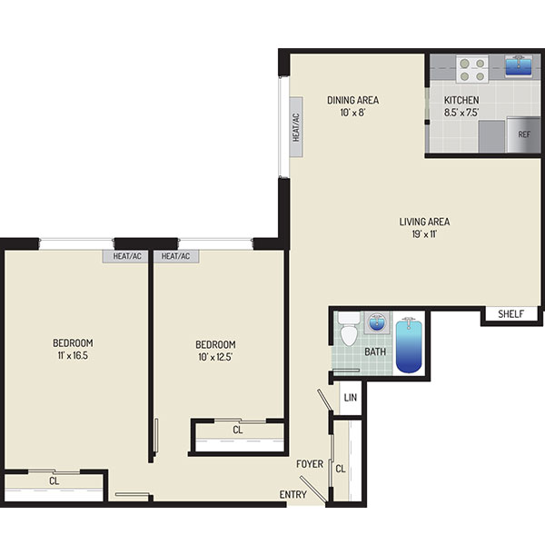 Iverson Towers & Anton House Apartments - Floorplan - 2 Bedrooms + 1 Bath