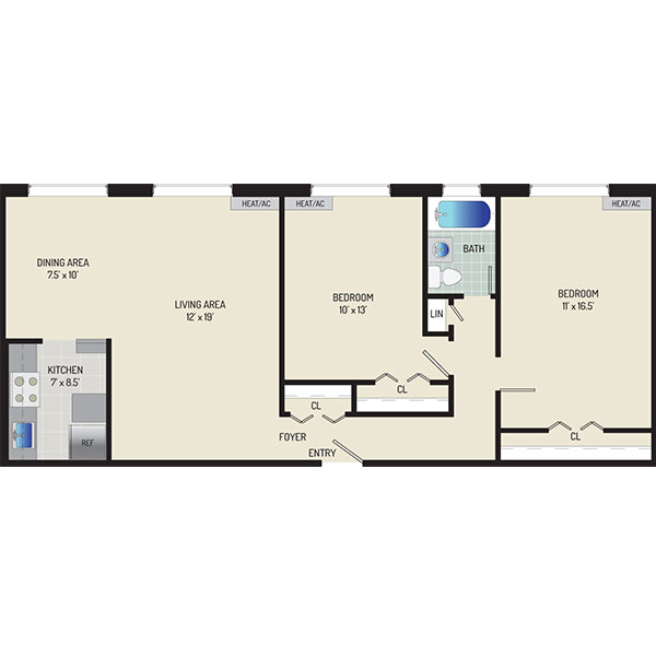 Iverson Towers & Anton House Apartments - Floorplan - 2 Bedrooms + 1 Bath