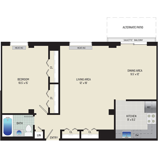 Iverson Towers & Anton House Apartments - Floorplan - 1 Bedroom + 1 Bath