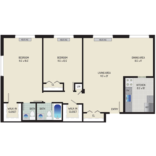 Iverson Towers & Anton House Apartments - Floorplan - 2 Bedrooms + 1.5 Baths