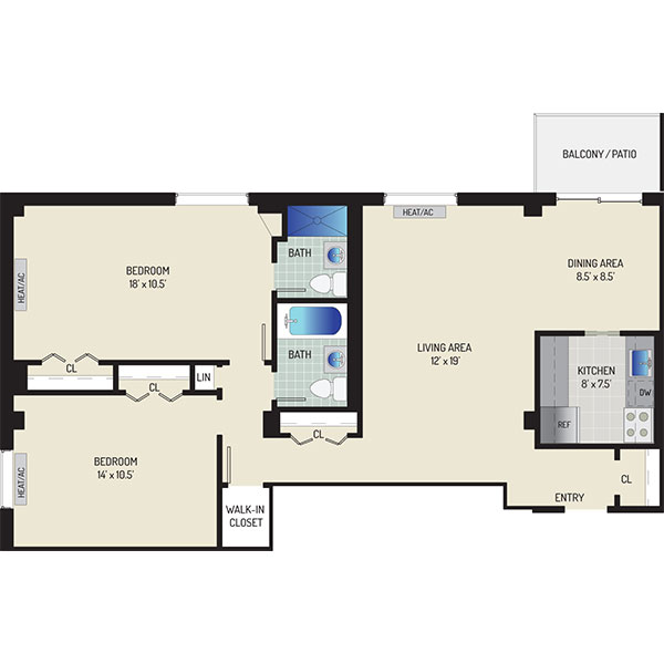 Iverson Towers & Anton House Apartments - Floorplan - 2 Bedrooms + 2 Baths