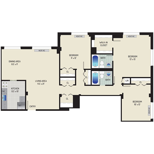 Iverson Towers & Anton House Apartments - Floorplan - 3 Bedrooms + 2 Baths