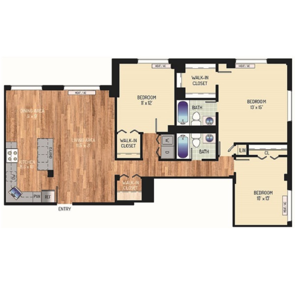 Iverson Towers & Anton House Apartments - Floorplan - 3 Bedrooms + 2 Baths