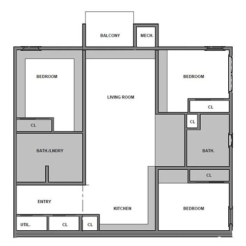 Floor plan layout for Three Bed/One Bath | 50% AMI