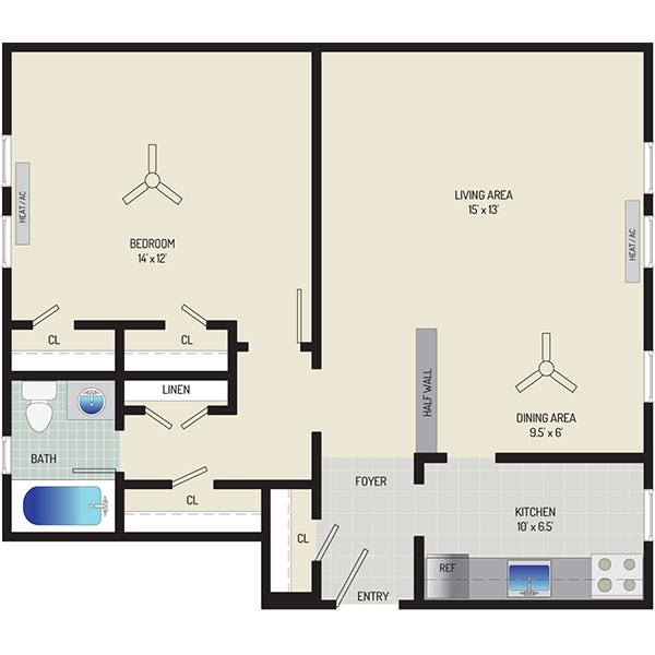 Kaywood Gardens Apartments - Floorplan - 1 Bedroom + 1 Bath