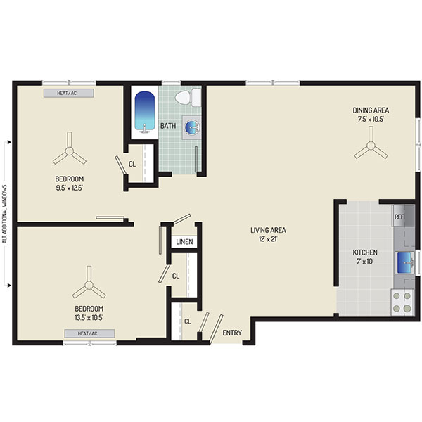 Kaywood Gardens Apartments - Floorplan - 2 Bedrooms + 1 Bath