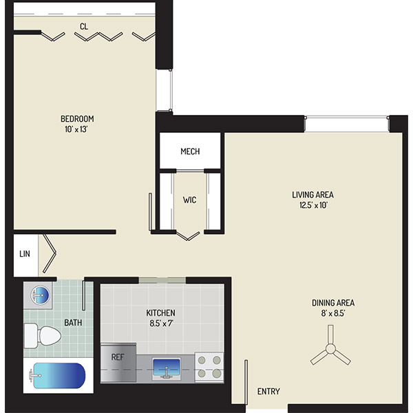 Kenilworth Towers Apartments - Floorplan - 1 Bedroom + 1 Bath