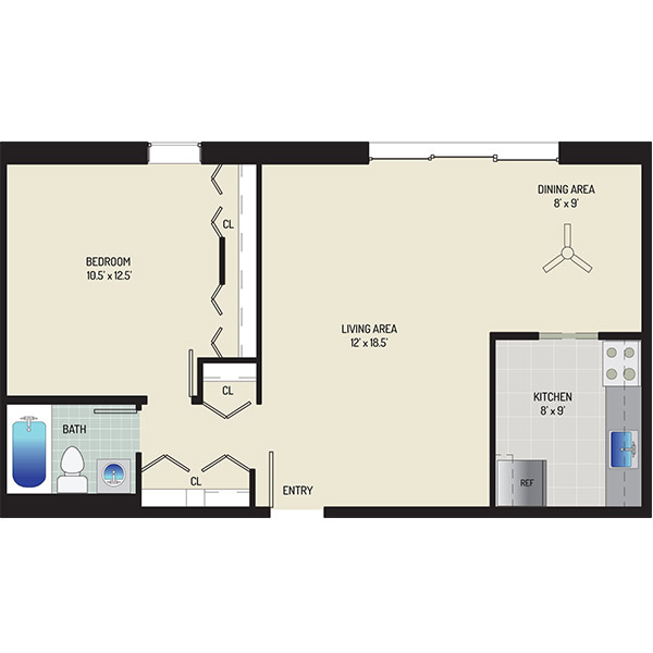 Kenilworth Towers Apartments - Floorplan - 1 Bedroom + 1 Bath