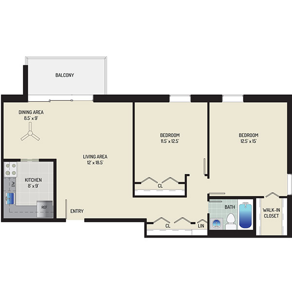Kenilworth Towers Apartments - Floorplan - 2 Bedrooms + 1 Bath