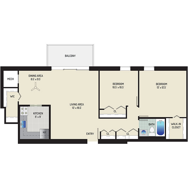 Kenilworth Towers Apartments - Floorplan - 2 Bedrooms + 1 Bath