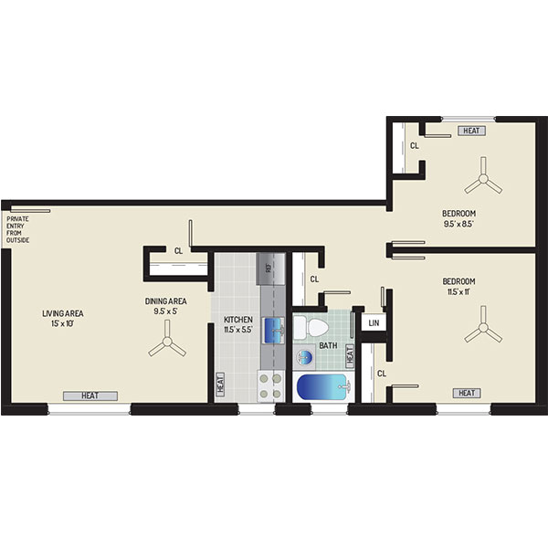 Kirkwood Apartments - Floorplan - 2 Bedrooms, 1 Bath