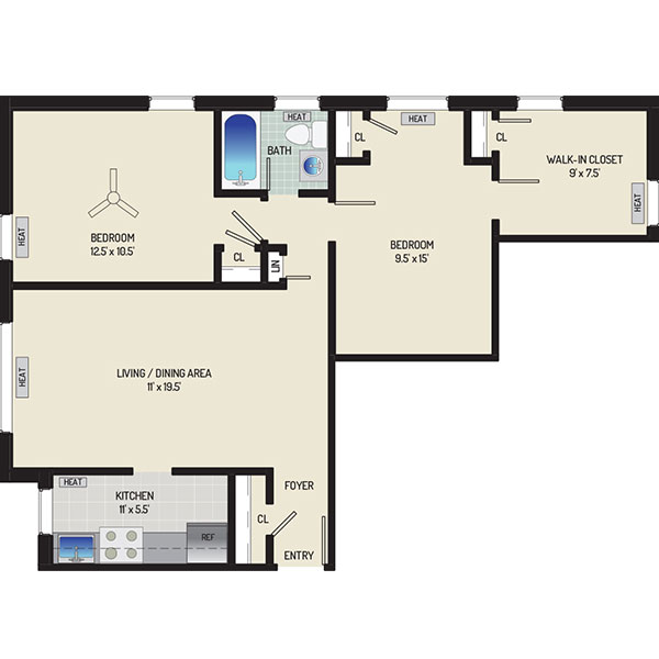 Kirkwood Apartments - Floorplan - 2 Bedrooms, 1 Bath