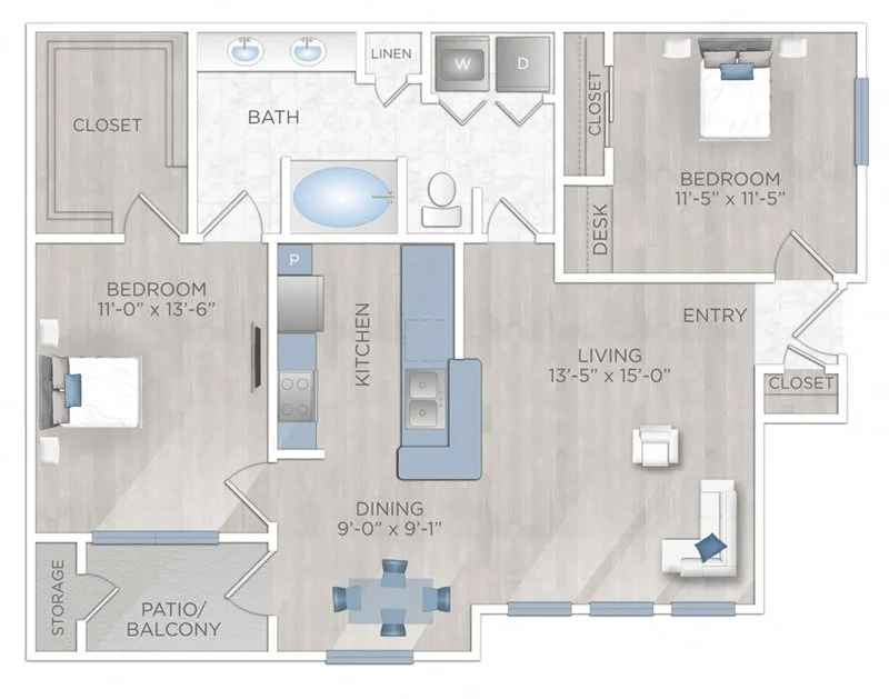 Floor plan layout for Two Bed and One Bath - 1109