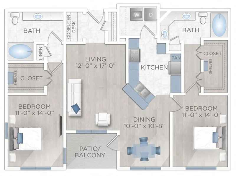 Floor plan layout for Two Bed and Two Bath - 1300