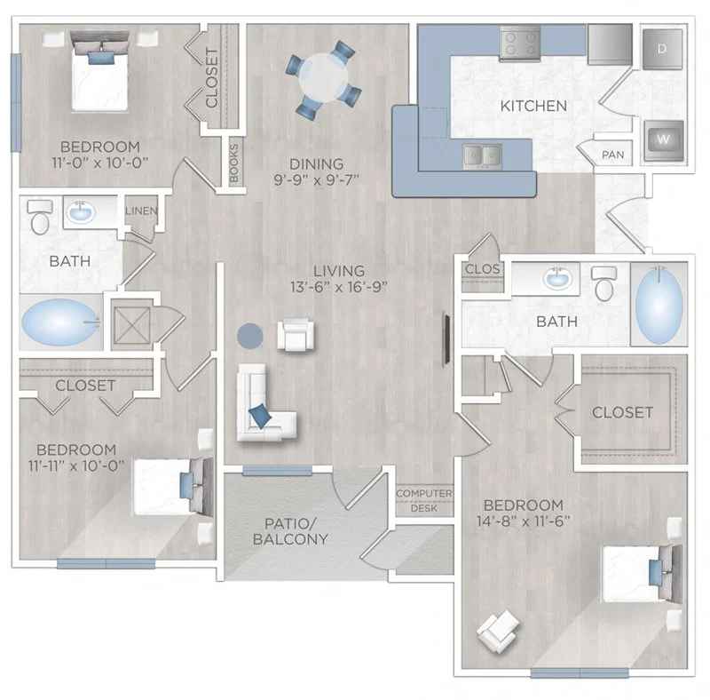 Floor plan layout for Two Bed and Two Bath - 1331