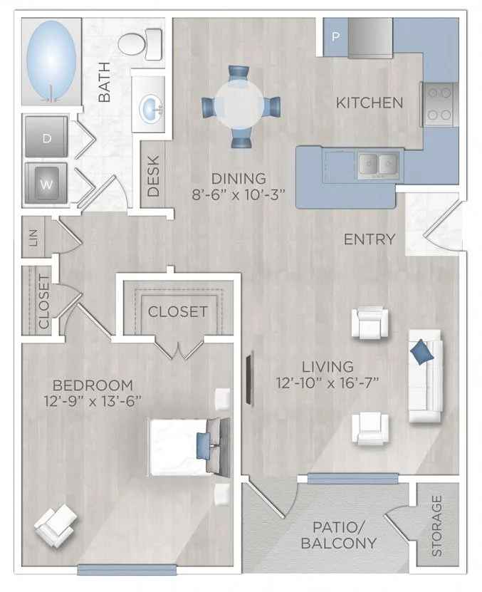 Floor plan layout for One Bed and One Bath - 802