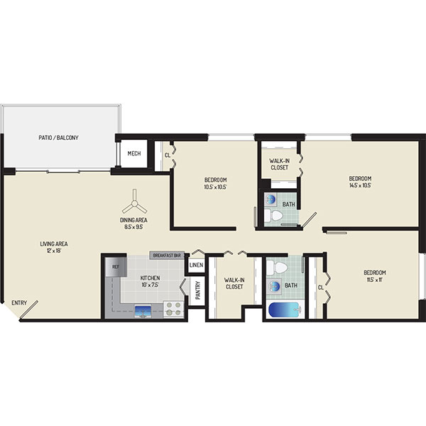 Lansdowne Village Apartments - Floorplan - 3 Bedrooms + 1.5 Baths