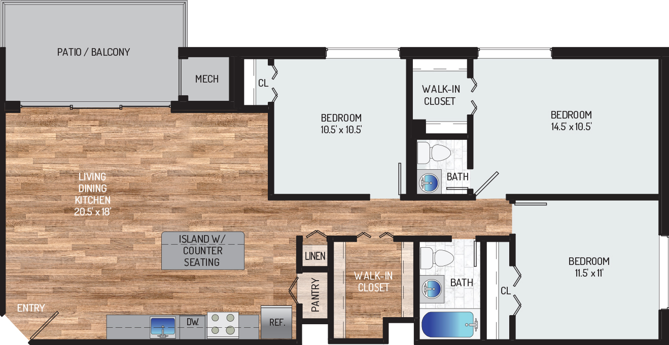 Lansdowne Village Apartments - Floorplan - 3BR + 1.5BA Renovated Open Concept
