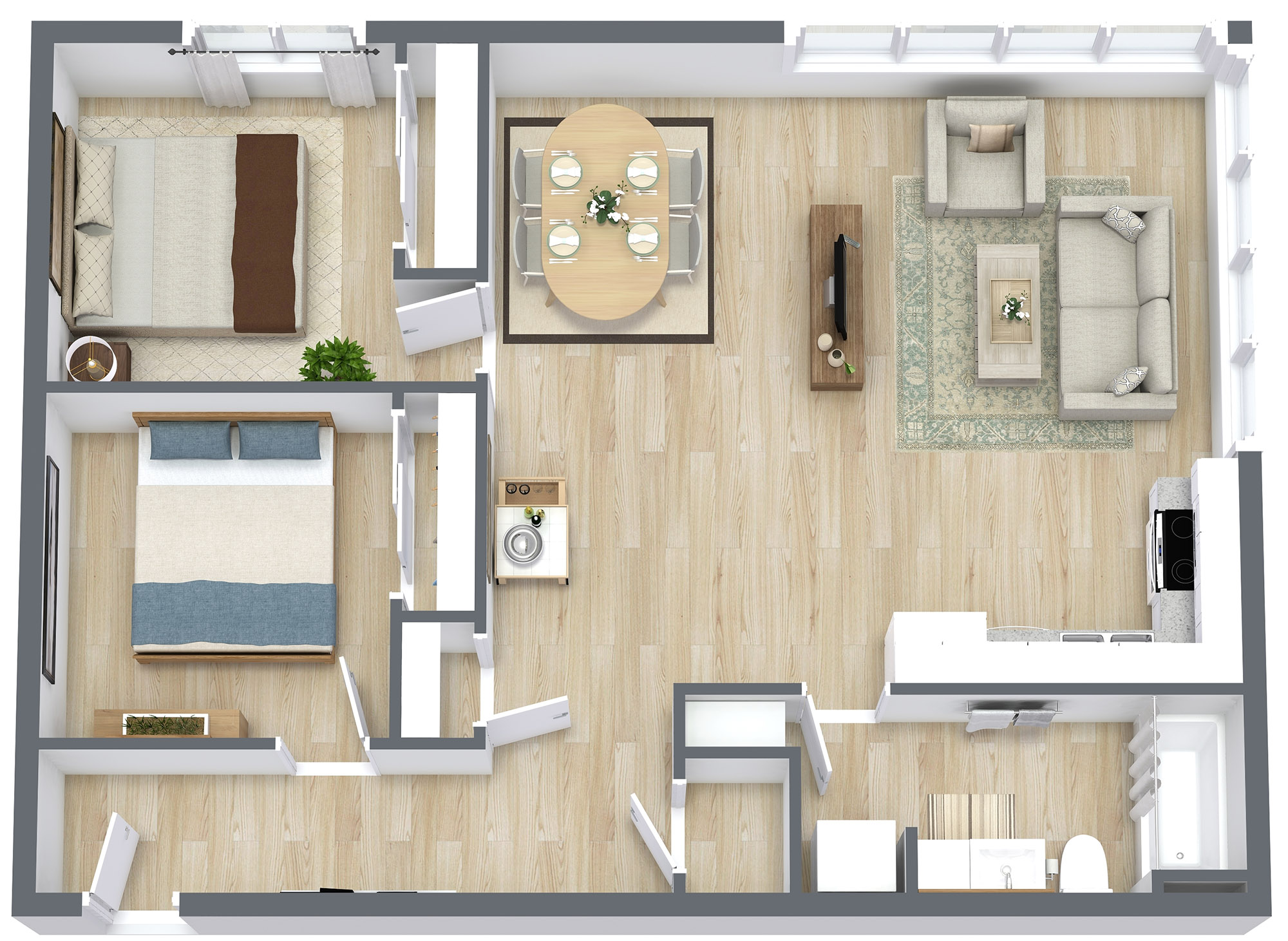 Floor plan layout for 2Bed and 1Bath