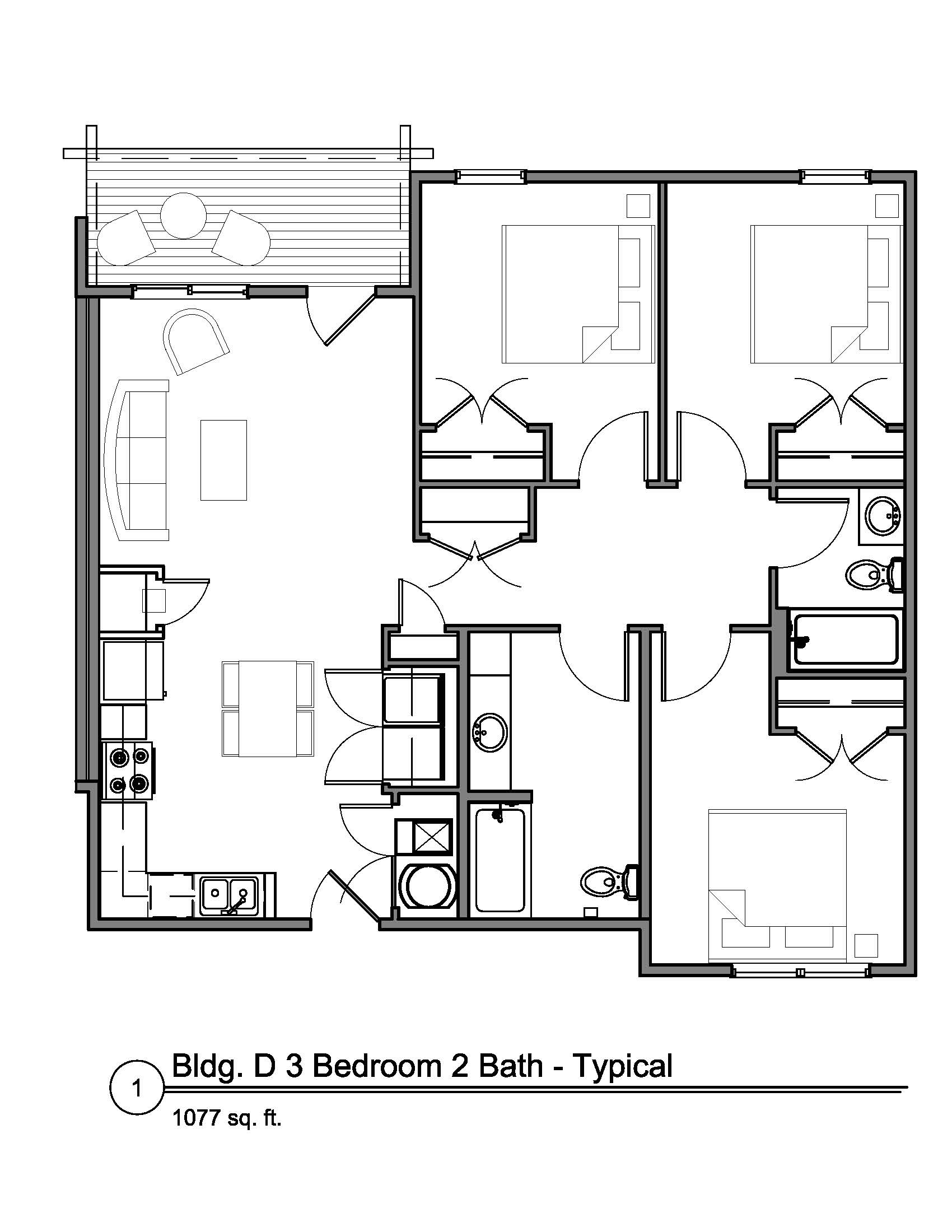Floor plan layout for Three Bed/Two Bath Flat | 50% AMI