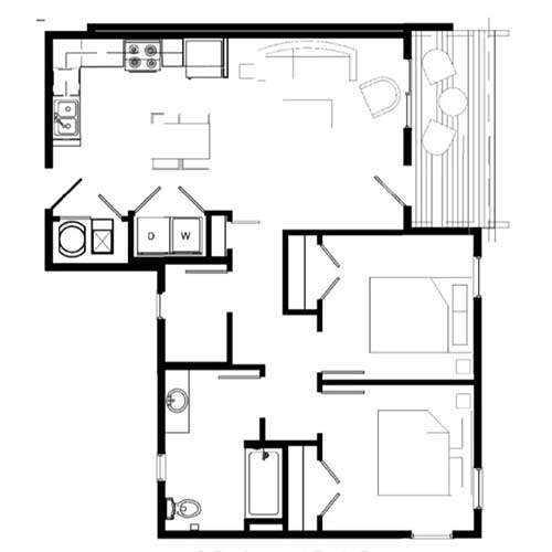 Floor plan layout for Two Bed/One Bath | 60% AMI