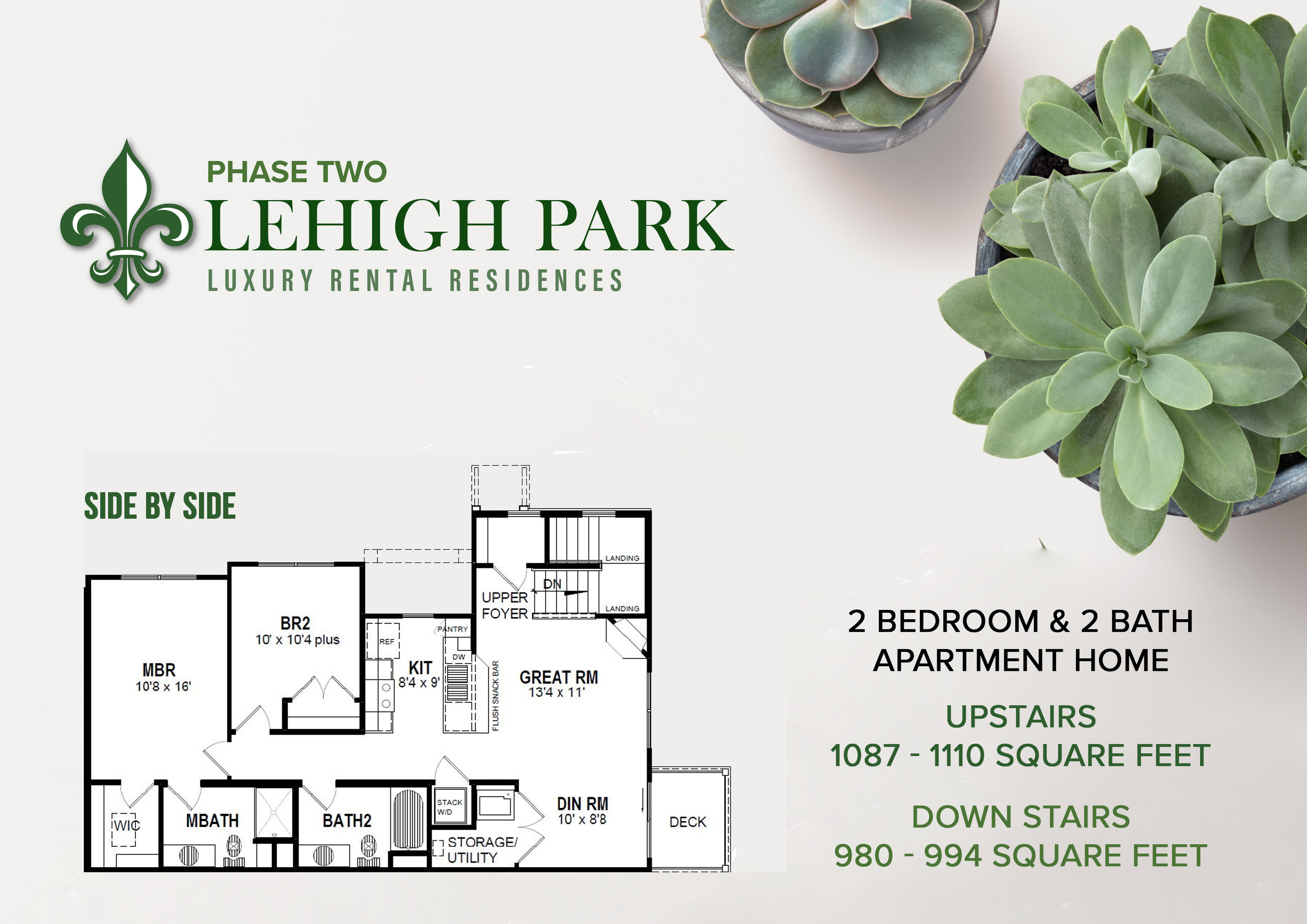 Lehigh Park Luxury Apartments - Floorplan - (Phase Two) 2 Bedroom & 2 Bath Apartment Home (Side By Side)