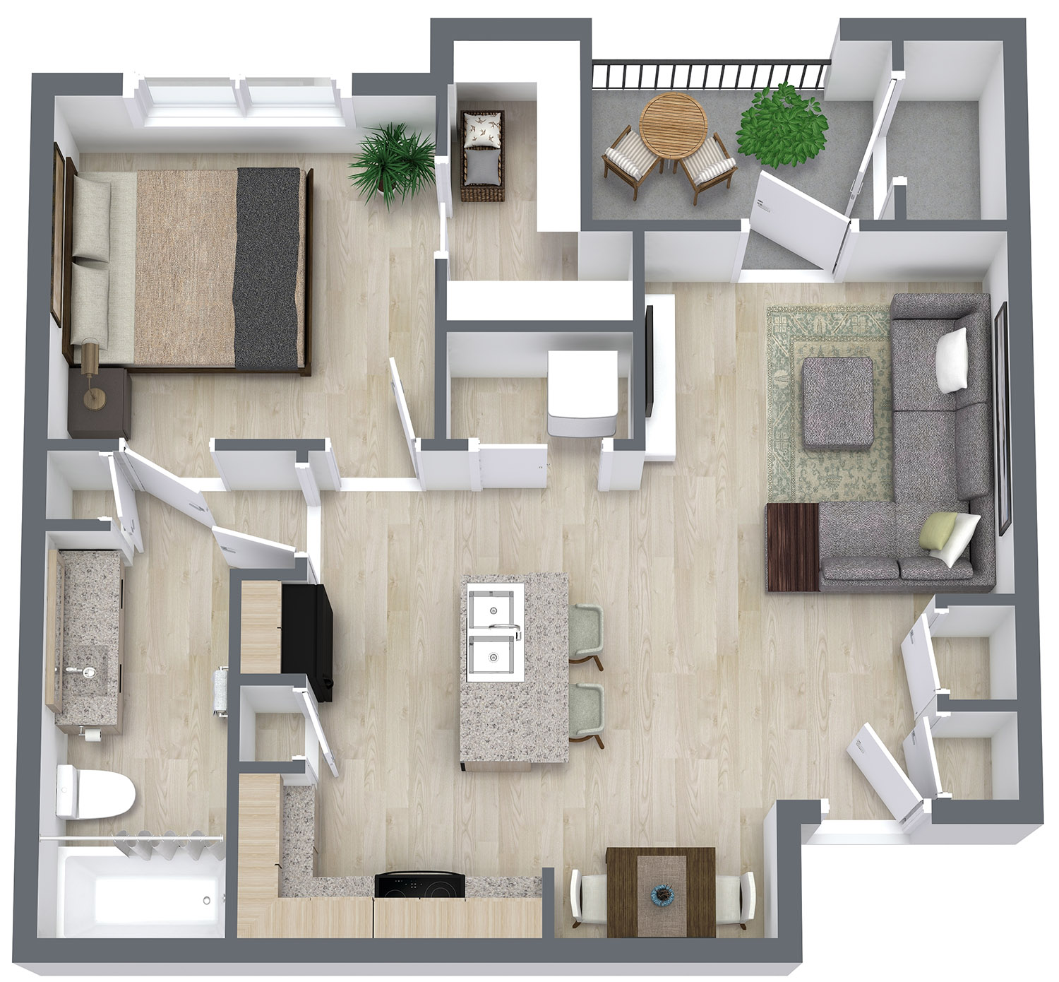 Floor plan layout for One Bed/One Bath - 727 sq ft - 30% AMI