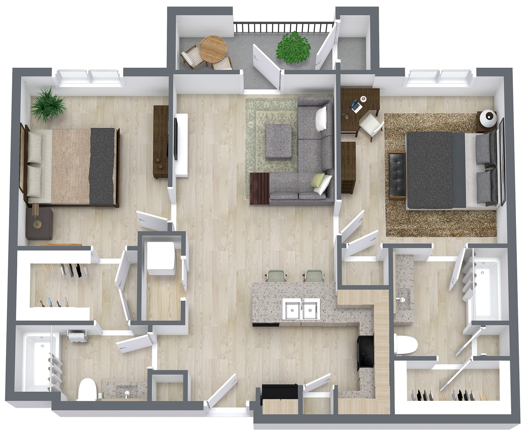 Floor plan layout for Two Bed/Two Bath - 887 sq ft - 30% AMI