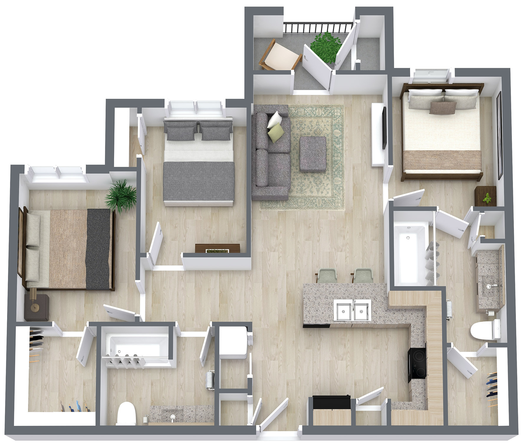Floor plan layout for Three Bed/Two Bath - 1070 sq ft - 30% AMI