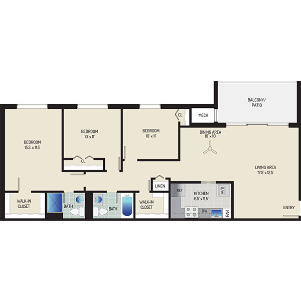 Londonderry Apartments - Floorplan - 3 Bedrooms + 2 Baths