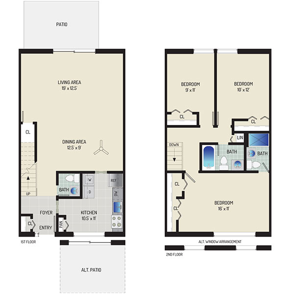 Londonderry Apartments - Floorplan - 3 BR + 2.5 BA Townhome
