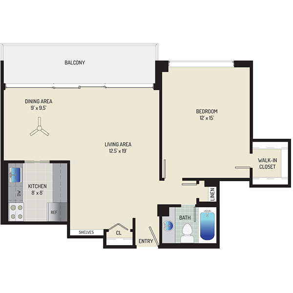 London Park Towers Apartments - Floorplan - 1 Bedroom + 1 Bath