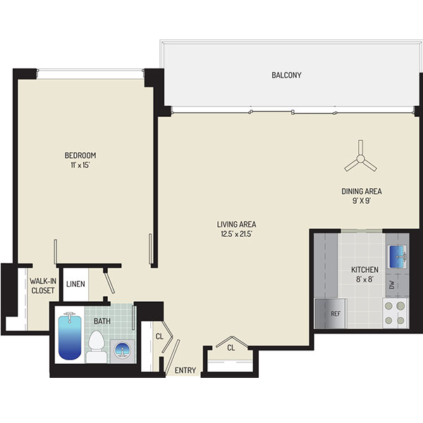 London Park Towers Apartments - Floorplan - 1 Bedroom + 1 Bath