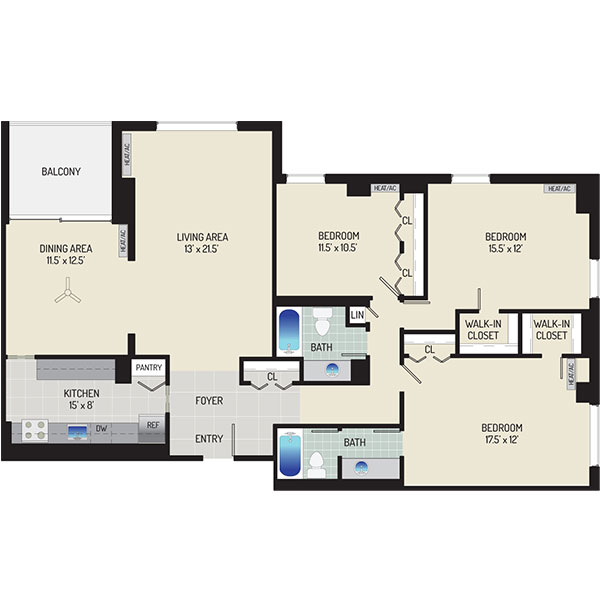 London Park Towers Apartments - Floorplan - 3 Bedrooms + 2 Baths